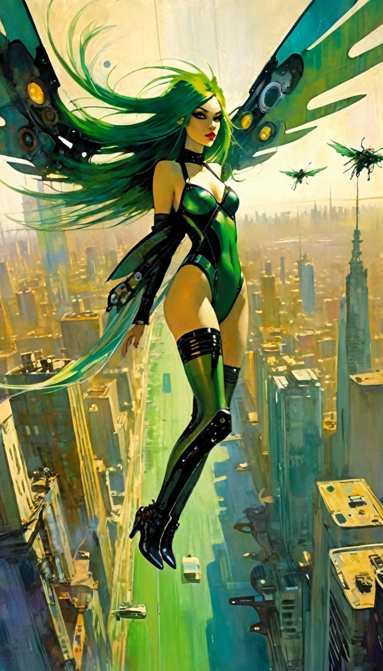 girl in the air, flying girl, very sexy girl, long green hair, punk look, with mechanical wings, flies over a futuristic city:1.5 (art inspired by Bill Sienkiewicz). oil painting)