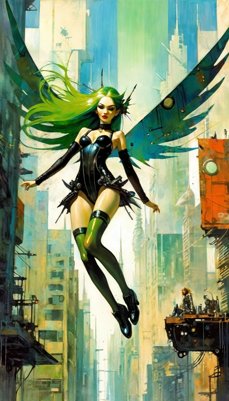 girl in the air, flying girl, very sexy girl, long green hair, punk look, with mechanical wings, flies over a futuristic city:1.5 (art inspired by Bill Sienkiewicz). oil painting)
