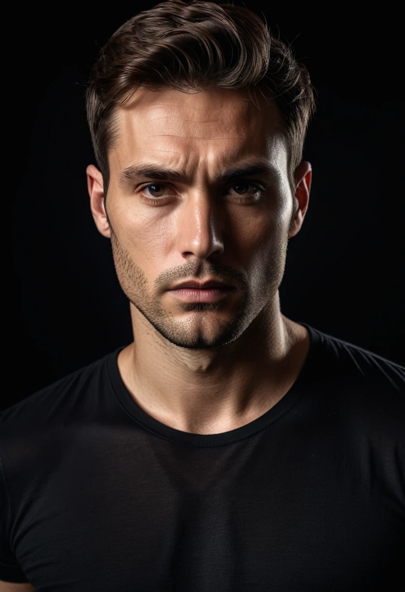 high quality, portrait photo of 30 y.o european man, wearing black shirt, serious face, detailed face, skin pores, cinematic shot, dramatic lighting