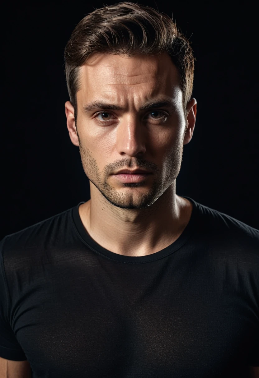 high quality, portrait photo of 30 y.o european man, wearing black shirt, serious face, detailed face, skin pores, cinematic shot, dramatic lighting