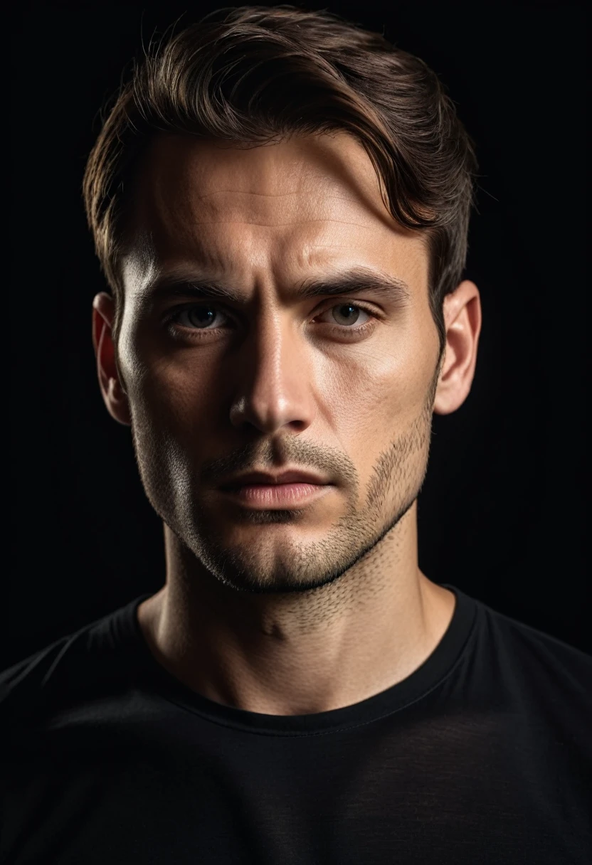high quality, portrait photo of 30 y.o european man, wearing black shirt, serious face, detailed face, skin pores, cinematic shot, dramatic lighting