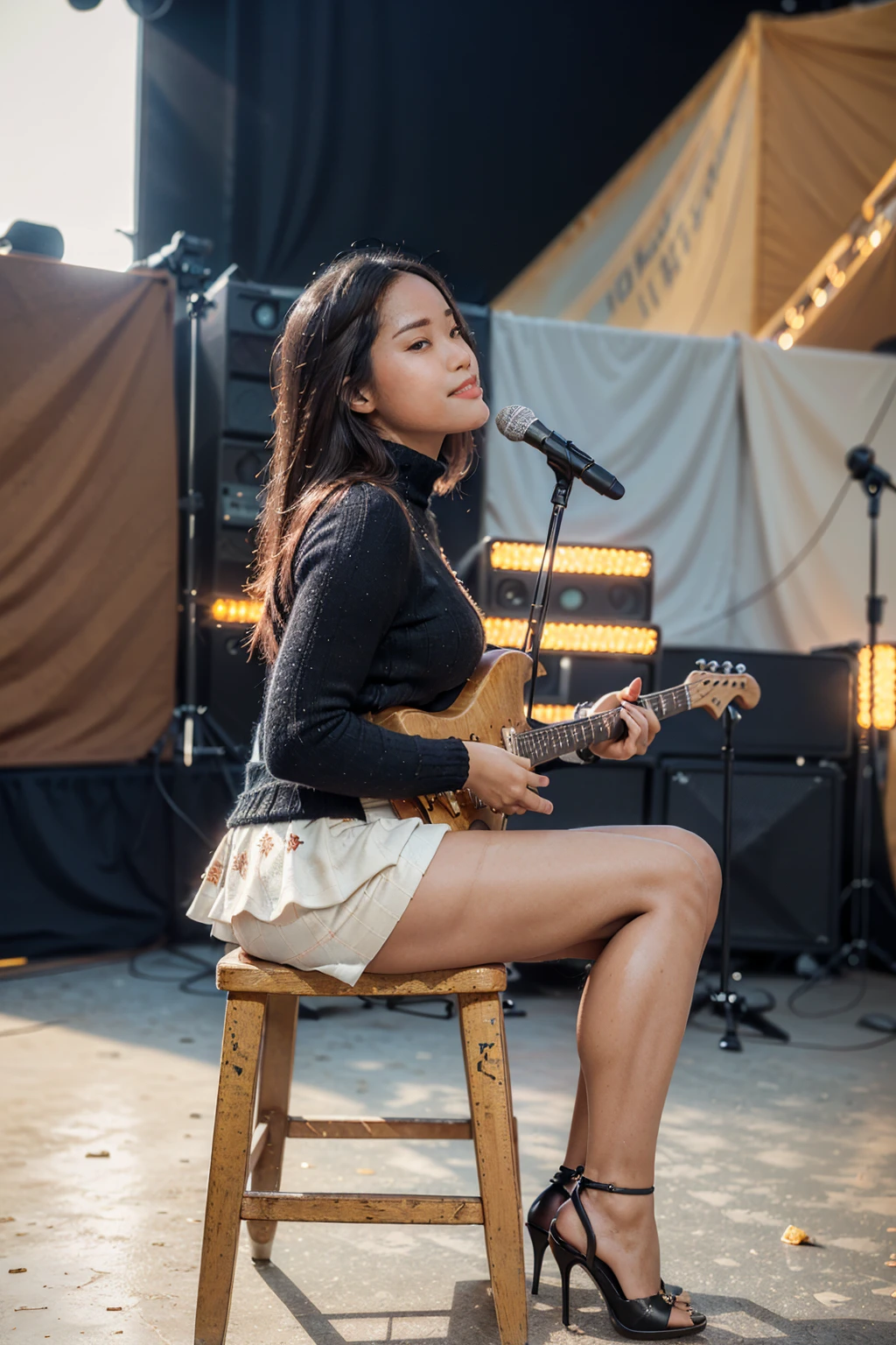 masterpiece, best quality, ultra detailed, high resolution, 1 girl, ((pretty lady MoonLay)), Burmese girl, ((pretty lady MoonLay's seductive sweet face with sweet smile:1.2)), ((playing guitar:1.5)), ((singing with confident)), ((electric guitar)), ((stage background:1.5)), golden hour setting, 8k, (black sweater turtleneck tight blouse), (black mini skintight skirt with white flowers printed:1.2), (stylishly sitting on stylish stage stool), (((crossing legs:1.1))), (stiletto high heel), ((full body tilted side view:1.5)), ((blur background with star shaped bokeh effect to highlight portrait better)), (vibrant HDR lighting),