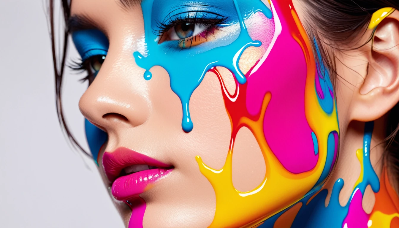 close-up face of a woman with colorful liquid on face, side view