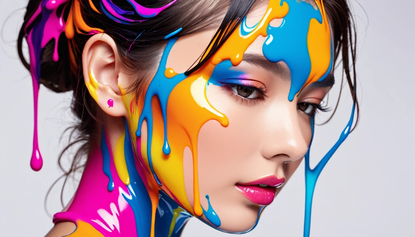 close-up face of a woman with colorful liquid on face, side view