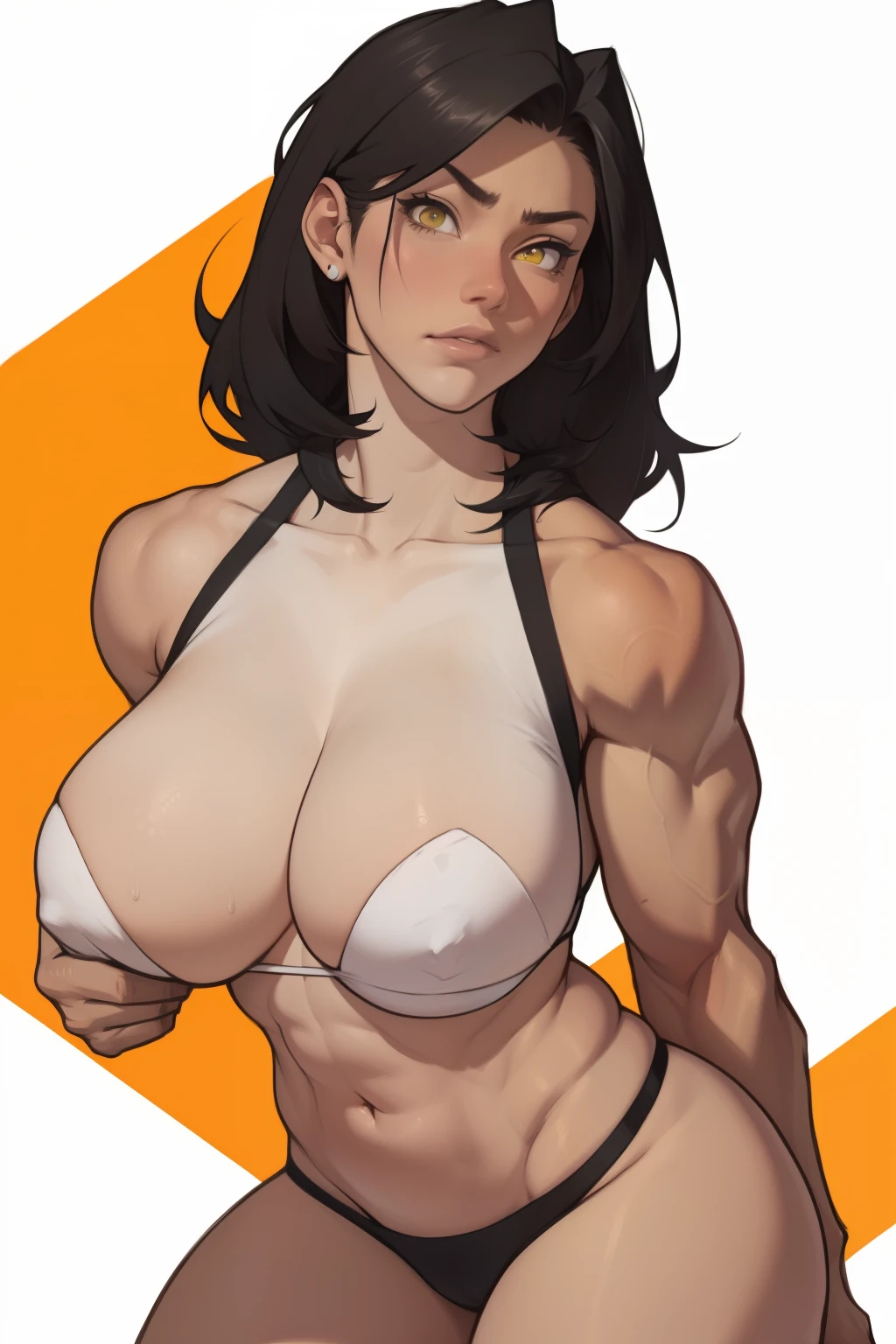 black hair yellow eyes pale skin muscular girl massive breasts toned body sad girl detailed eyes
