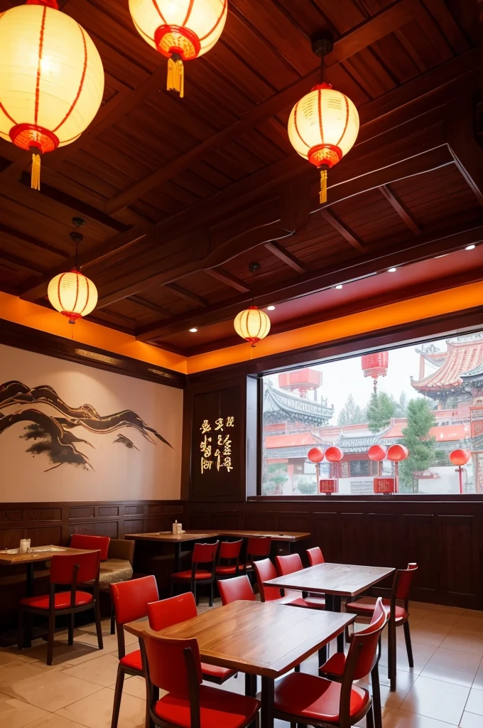 /imagine Hot pot restaurant interior, lively atmosphere, neatly arranged tables and chairs, each table with an embedded hot pot stove, walls decorated with Chinese-style ornaments, lanterns or small lights hanging from the ceiling, self-service condiment area, various fresh food display area, customers happily cooking hot pot --ar 16:9 --q 2