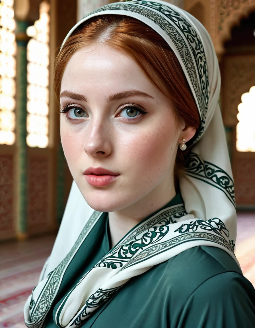photography full body portrait of very beautiful realistic girl, inside Mosque, porcelain skin, very fair skin, very pale skin, redhead, wavy, ponytail, very detail skin texture, hazel eyes, slanted eyes, small nose, small nostril, think curved eyebrow, thick bottom lip, seductive gaze, she cry hard, unique face, wear a headscarf hijab, detail photo, realistic photo, master piece picture, sharp picture, outdoor clear daylight,