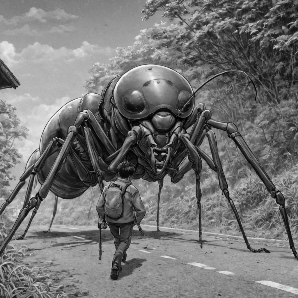 1motorcyclist, running over giant ant, (anime), bizarre scenario, This is Junji, Yusuke Murata, black and white, 8K, anime, horror