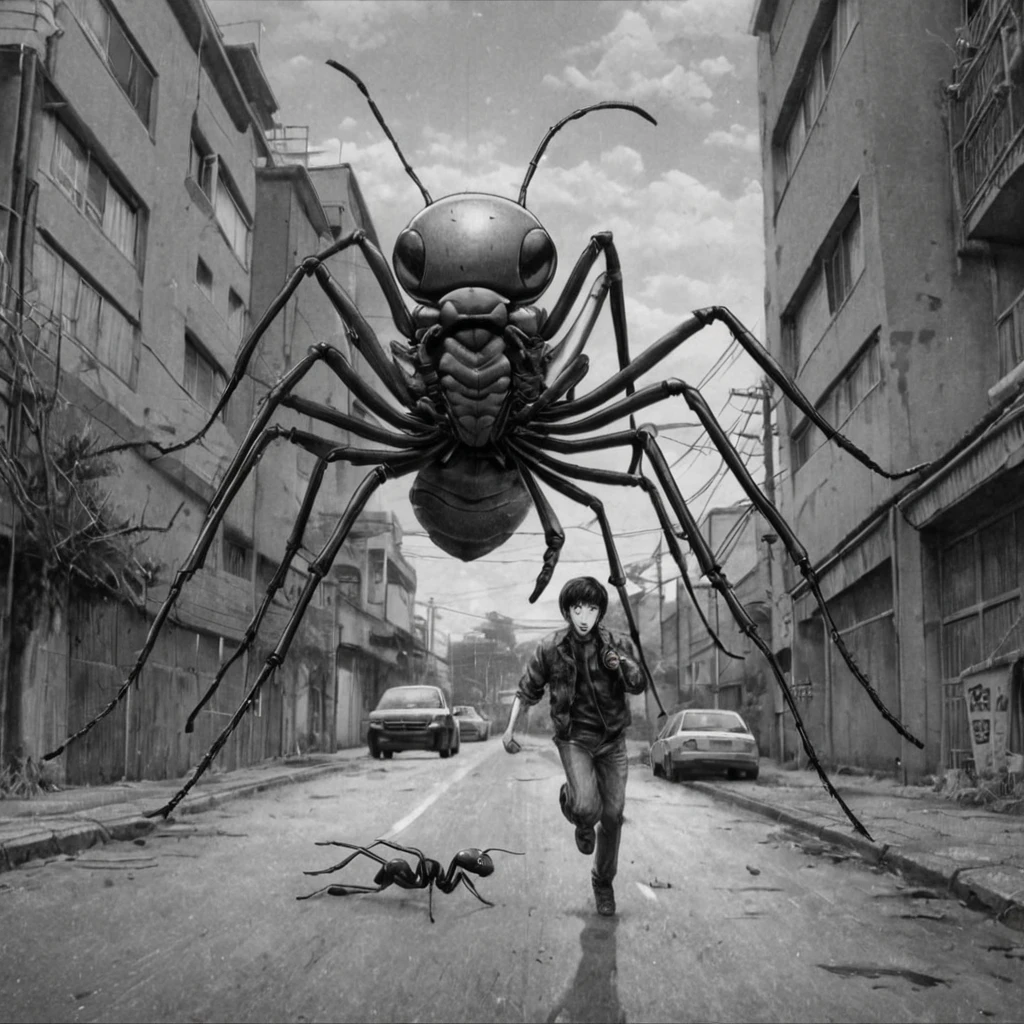 1motorcyclist, running over giant ant, (anime), bizarre scenario, This is Junji, Yusuke Murata, black and white, 8K, anime, horror
