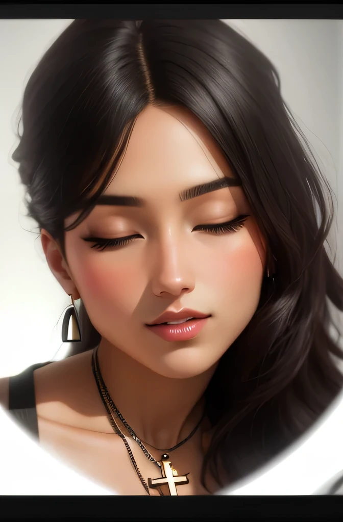 Amazing portait of a sexy woman wearing a shirt and black cargo pants with a cross necklace