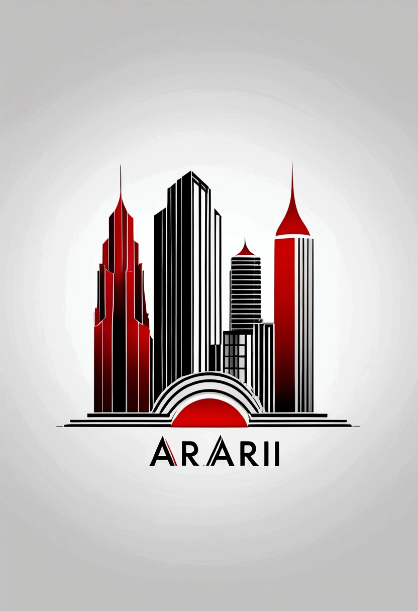 Minimalistic logo , Focus of letter "ARI", building facade, lines representing structure or architecture, city skyline. Colors red and black, Style elegant, modern, minimalist. The mood is energetic, professional, friendly