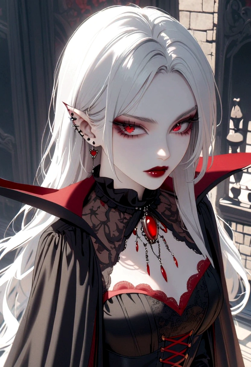 Beautiful vampire woman , long  white  hair , Eyes red , black gown , black victorian dress , piercing look and red lipstick 