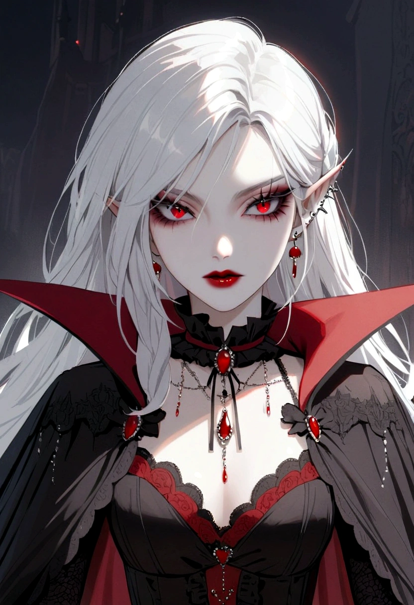 Beautiful vampire woman , long  white  hair , Eyes red , black gown , black victorian dress , piercing look and red lipstick , backwards, looking back