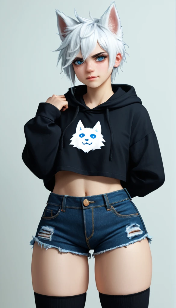 score_9_up, smile, tomgirl, (with white hair, short punk hairstyle), (shy, cute face expression, has glowing blue eyes), (wolf ears, wolf tail), calm pose, (wearing denim short shorts and a cropped black hoodie), (curvy body), (wearing thigh high socks), solo, flat chest