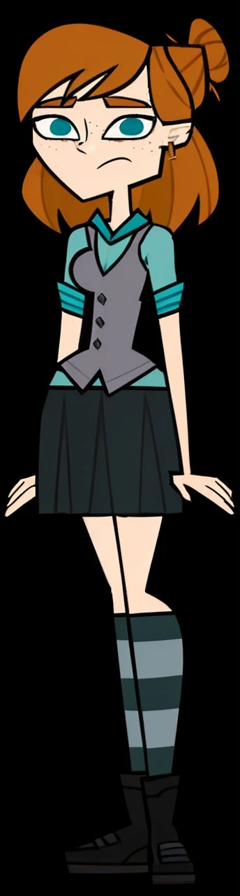 Ellie,redhead girl with freckles,high bun hairstyle short hair and half down hair pointed nose blue eyes clothing:closed gray jacket with cyan shirt,inside short skirt,black tights with white stripes and ankle boots up to the eye of the foot