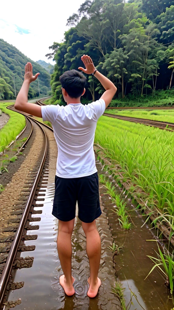 A boy age 30 with normal height and fit Thanking god pose in the paddy field behind the railway track neel down and praising god in back pose