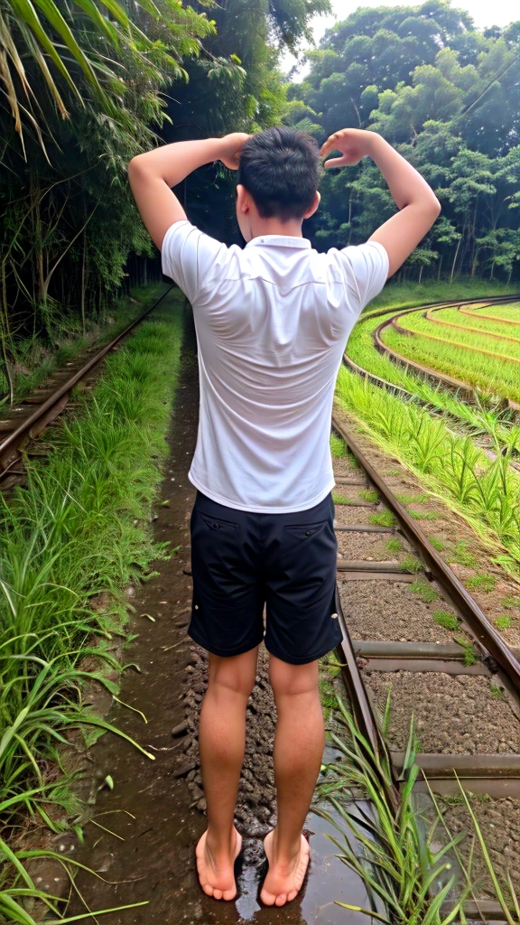 A boy age 30 with normal height and fit Thanking god pose in the paddy field behind the railway track neel down and praising god in back pose