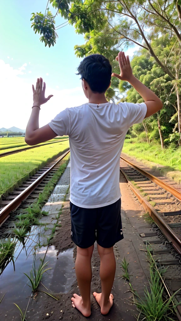 A boy age 30 with normal height and fit Thanking god pose in the paddy field behind the railway track neel down and praising god in back pose