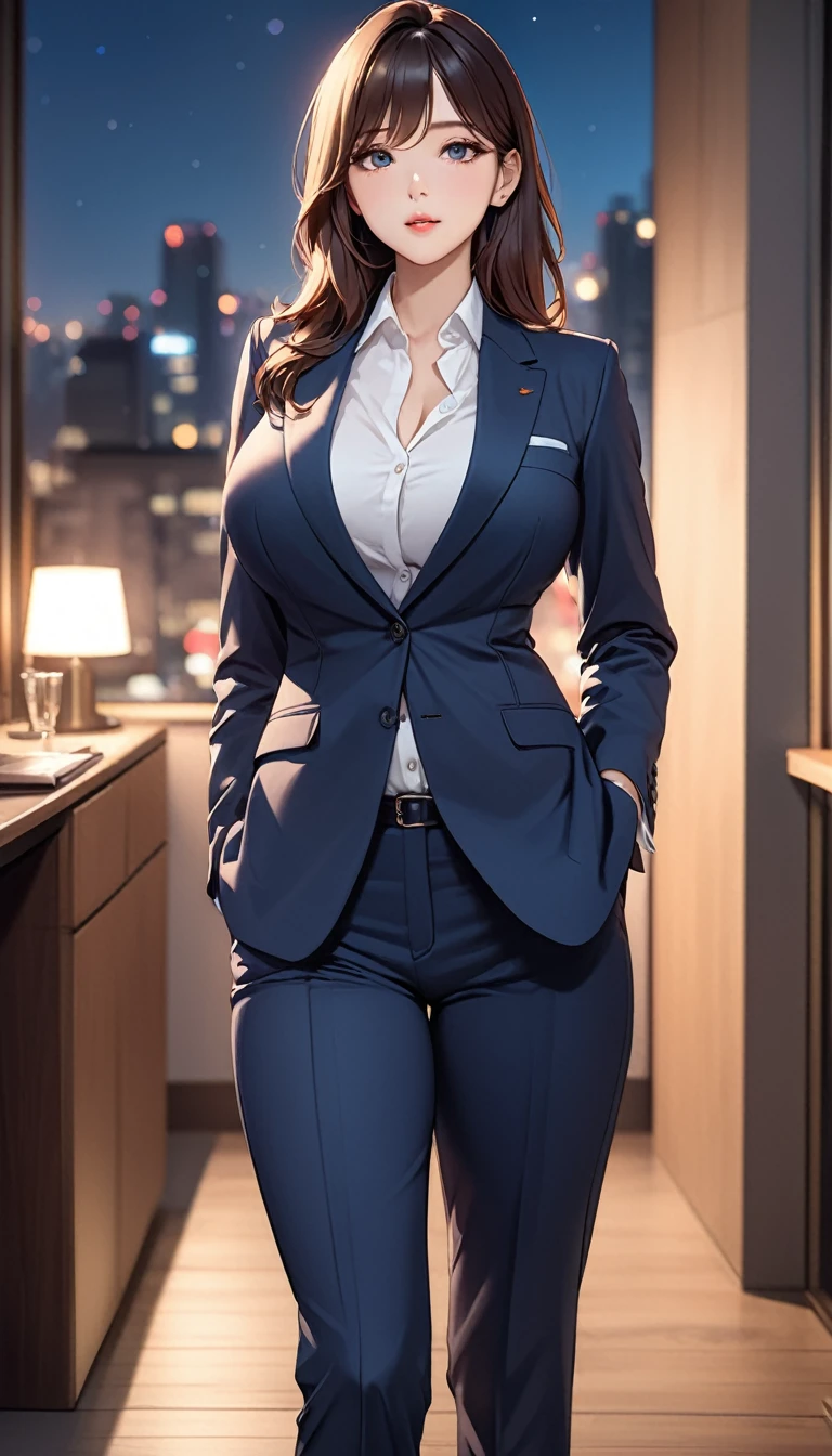 masterpiece, high resolution, beautiful woman, Korean Secretary, 30 years old, pants business suit, beautiful woman, cute, night, standing and looking at me, high resolution face, (high resolution eyes), big tits