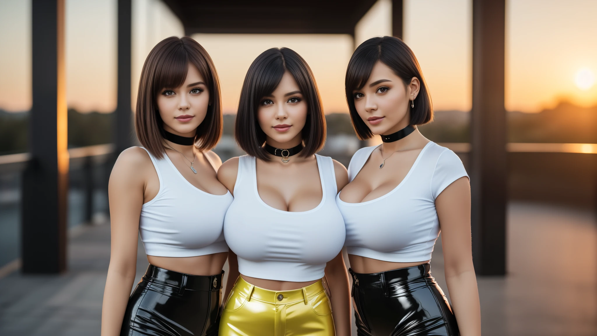 three girls, masterpiece,best qualtiy,hdr, hyper HD, 8K,Bokeh,Ultra-fine painting,Sharp focus,Physically-based rendering,Extreme detail description,portraitures,full-body photo，looking at viewer, (long bob_cut hair), Sexy smile, choker, (latex shorts and top:1.2), (in sunset light:1.2), perfect eyes, perfect hands, perfect body, perfect hair, (Big breasts:1.3), (EOS R8, 50 millimeters, F1.2, 8K, RAW photo:1.2), photograph by arny freytag