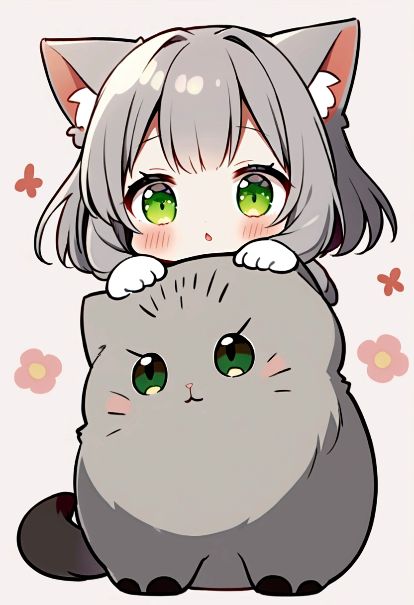gray cat, greeneyes,fluffly, chibi, simple background, adorable animal, kawaii