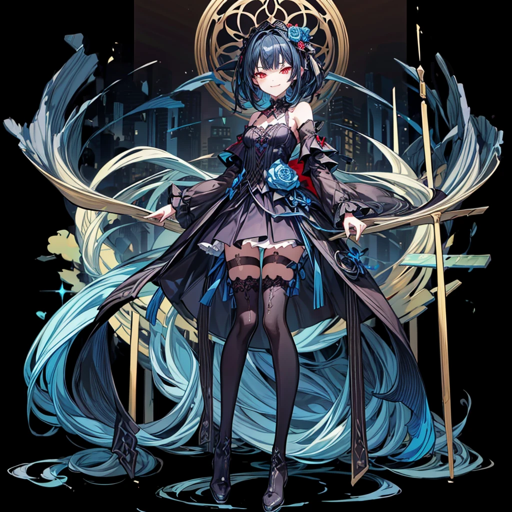 [(church background:1.4)::5],Original,(Illustration:1.1),(Best Quality),(masutepiece:1.1),(the Extremely Detailed CG Unity 8K Wallpapers:1.1), (Colorful:0.9),(mid-shot:0.95),(Full body:1.5),Dynamic Angle,(Solo:1.2), (girl),((Adult)), (Detailed beautiful eyes:1.15), (Beautiful face:1.15), (Glowing red eyes:1.25////),((dark blue long hair)),(Blunt bangs),(low twintails),(+perfect hand+:1.21),(Draw an illustration of a gothic girl),(Religious),(slender),(she has boots on her feet),((Wearing a black dress)),(Furious), Lace Off Shoulder Lolita Fashion,Beautiful slender woman,((Evil smile)),Dark blue short hair,Dark blue short hair,Laugh,