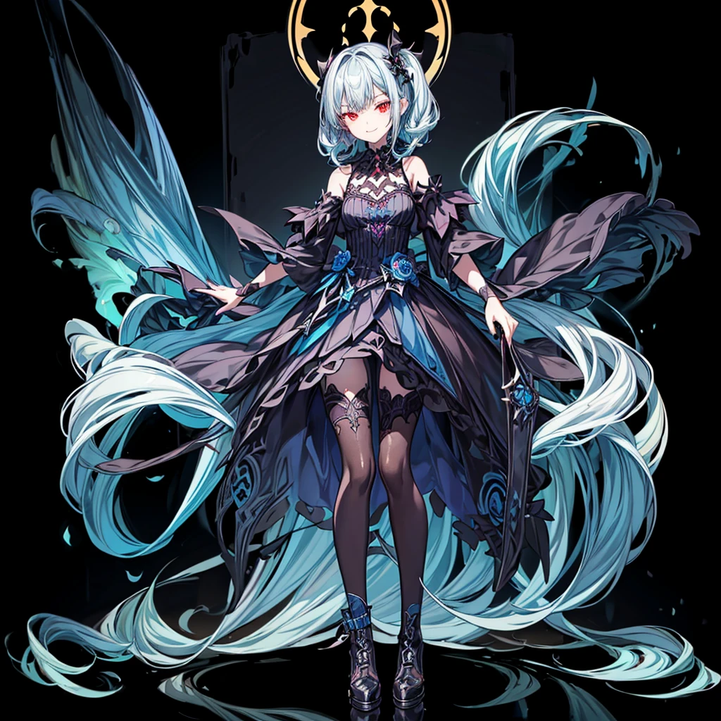 [(church background:1.4)::5],Original,(Illustration:1.1),(Best Quality),(masutepiece:1.1),(the Extremely Detailed CG Unity 8K Wallpapers:1.1), (Colorful:0.9),(mid-shot:0.95),(Full body:1.5),Dynamic Angle,(Solo:1.2), (girl),((Adult)), (Detailed beautiful eyes:1.15), (Beautiful face:1.15), (Glowing red eyes:1.25////),((dark blue long hair)),(Blunt bangs),(low twintails),(+perfect hand+:1.21),(Draw an illustration of a gothic girl),(Religious),(slender),(she has boots on her feet),((Wearing a black dress)),(Furious), Lace Off Shoulder Lolita Fashion,Beautiful slender woman,((Evil smile)),Dark blue short hair,Dark blue short hair,Laugh,