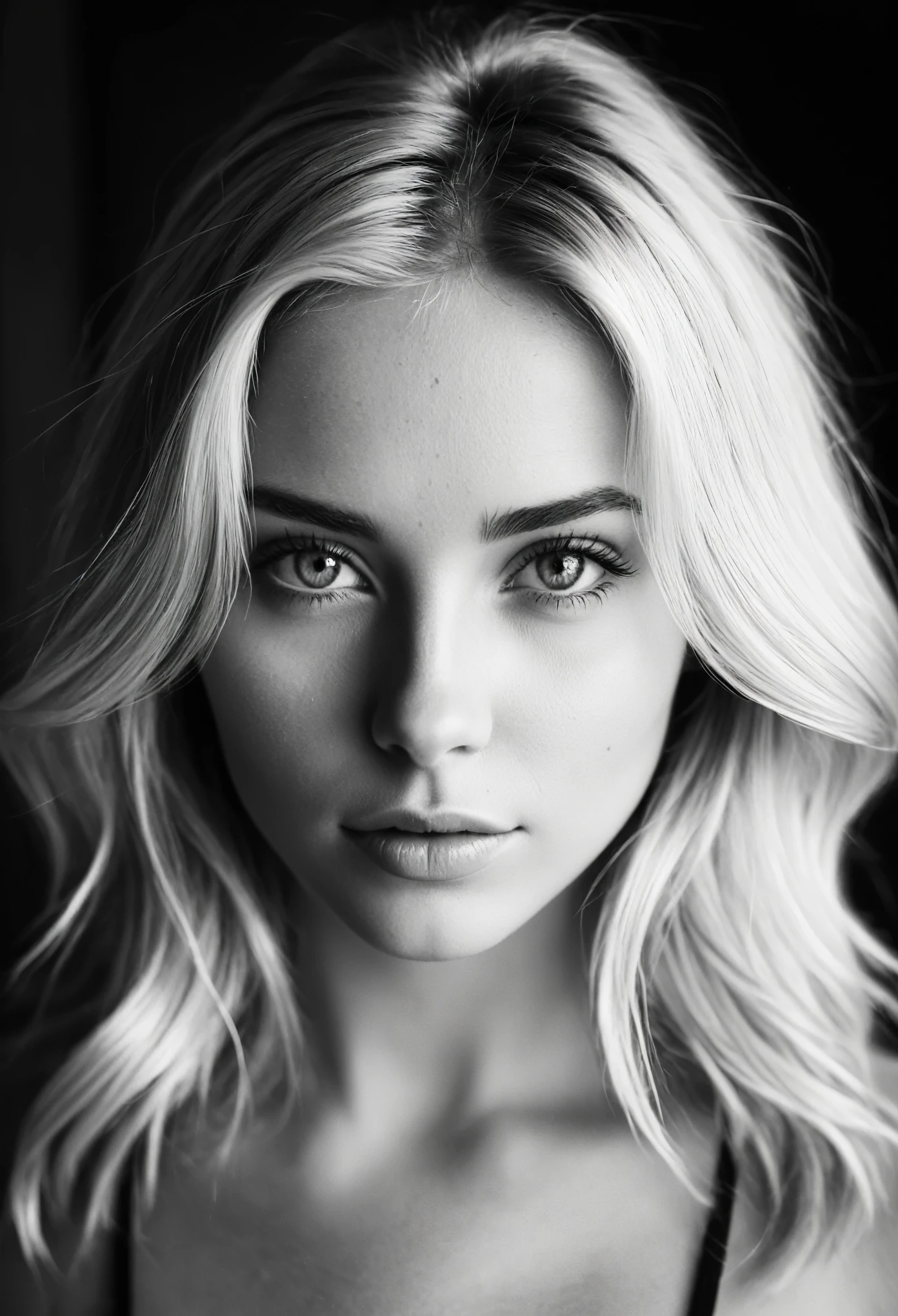 b&w, instagram photo, portrait photo of 26 y.o blonde woman, perfect detailed eyes, natural skin, hard shadows, film grain