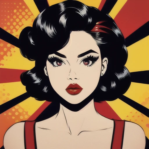 pop art,1girl, solo, upper body, black hair, red lips, looking at viewer, facing viewer
 