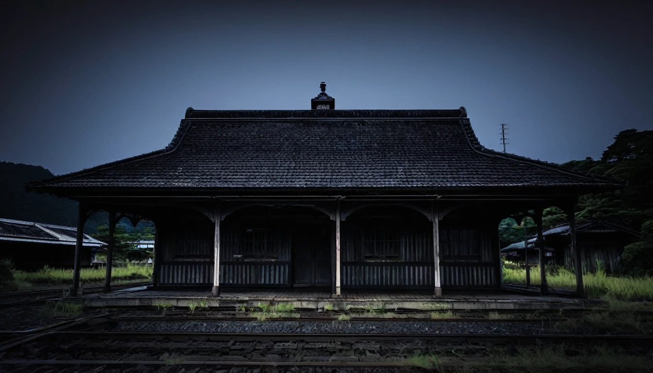 Swallowed by pitch black darkness、A quiet old station。The wooden station building has faded over the years.、It was enveloped in an eerie silence.。