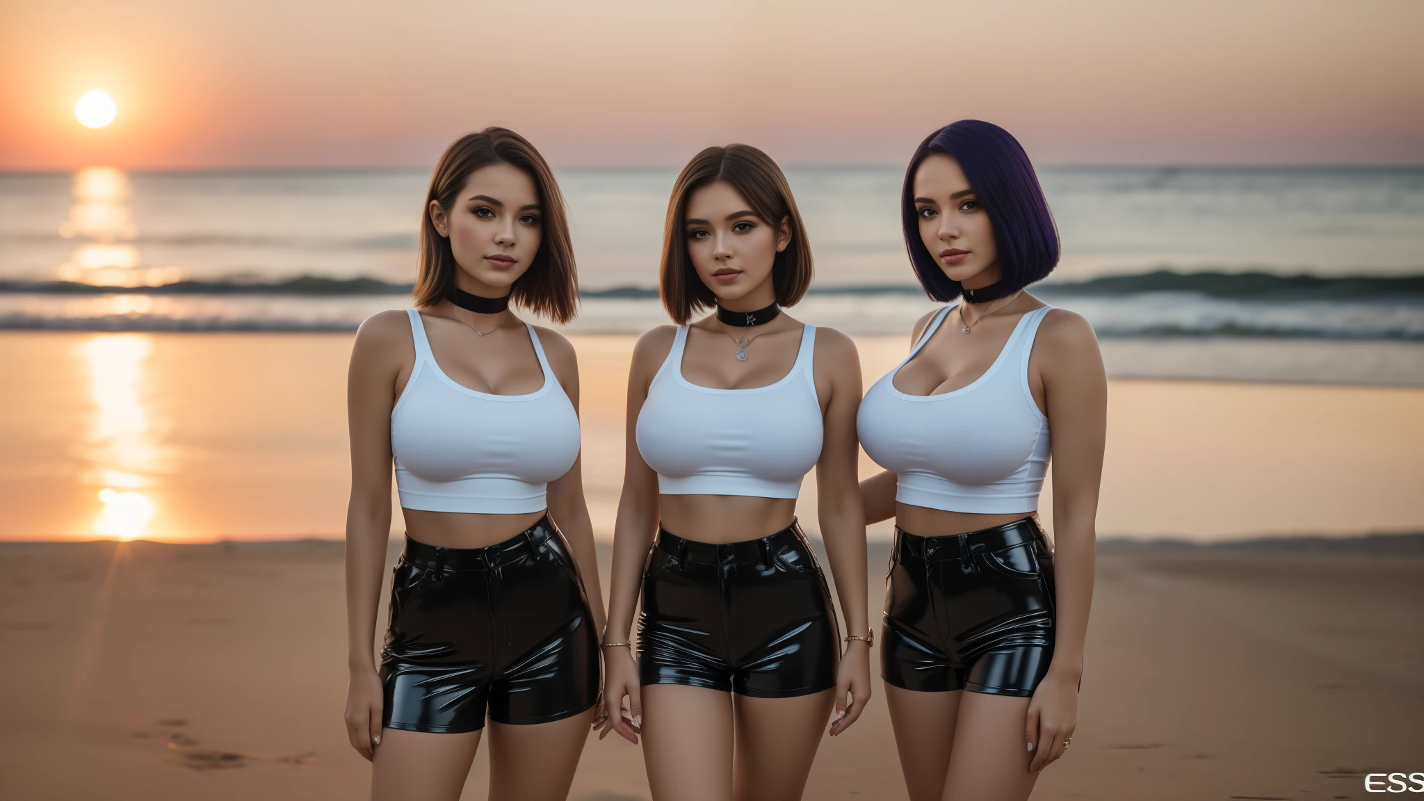 three girls, masterpiece,best qualtiy,hdr, hyper HD, 8K,Bokeh,Ultra-fine painting,Sharp focus,Physically-based rendering,Extreme detail description,portraitures,full-body photo,looking at viewer, (long bob_cut hair), Sexy smile, choker, (latex shorts and top:1.2), (in sunset light:1.2), perfect eyes, perfect hands, perfect body, perfect hair, (Big breasts:1.3), (EOS R8, 50 millimeters, F1.2, 8K, RAW photo:1.2), photograph by arny freytag