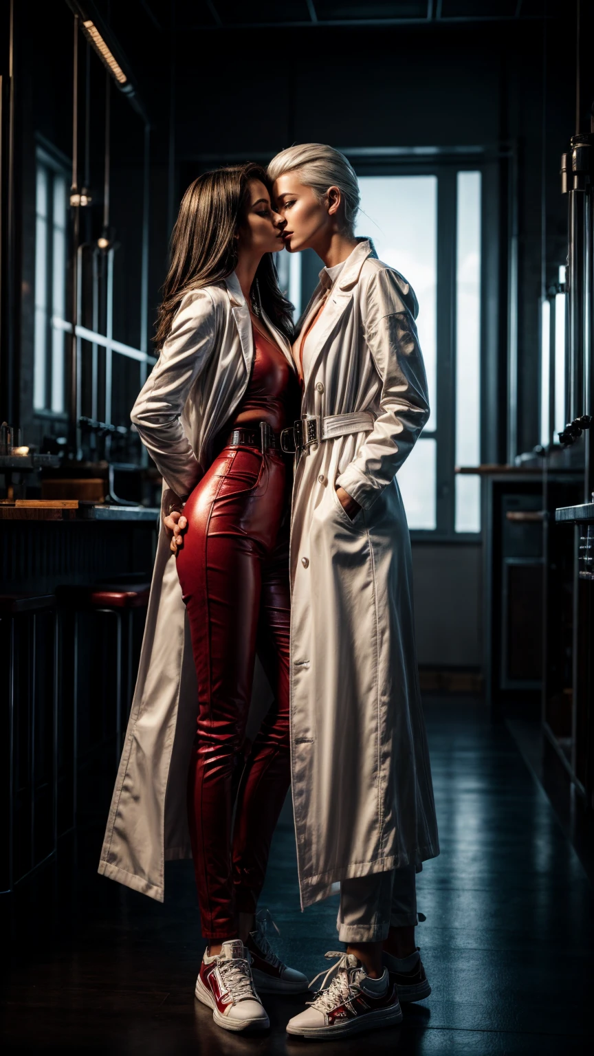 Seductive and confident look. Distant image. Labcoat. Long legs. Twi Slim teenage european girls. Lesbian kissing. Red leather trousers, sneakers. Vintage science laboratory. White hair, sidecut. Piercing. backlit, smirk, belt, backlit, perfect sultry make-up, cinematic, realistic, high contrast, visually rich,piercing eyes, strong eyeliner, mesmerizing eyes, elegant, graceful, natural beauty, charismatic, versatile, photogenic, very detailed