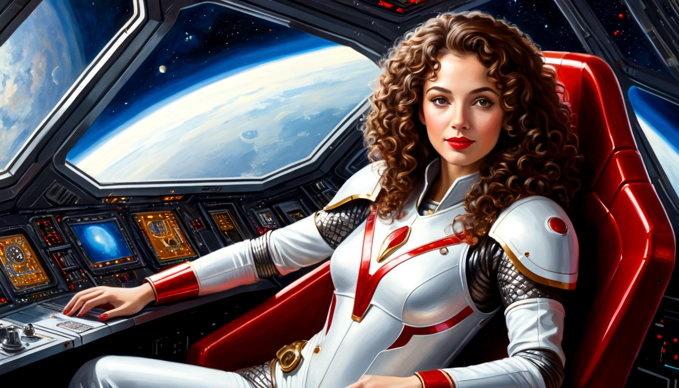 High-quality acrylic painting, VIVID COLORS, lateral point a view, a beautiful woman with brown curly hair, looking at the viewer with suspicious face and a shy smile, red lips, she wears white metallic ultra-glossy armor, hands in the waist, in a command chair in the cockpit of a spaceship