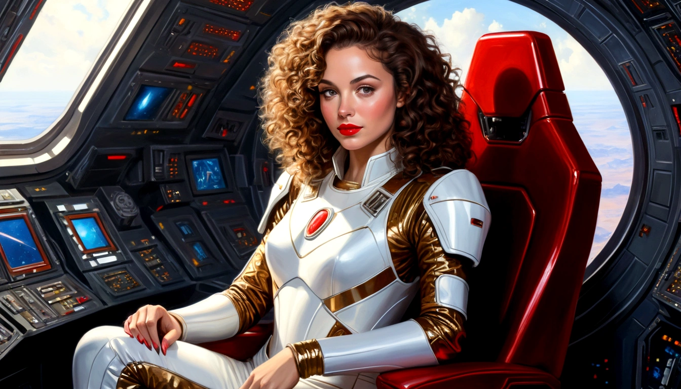 High-quality acrylic painting, VIVID COLORS, lateral point a view, a beautiful woman with brown curly hair, looking at the viewer with suspicious face and a shy smile, red lips, she wears white metallic ultra-glossy armor, hands in the waist, in a command chair in the cockpit of a spaceship