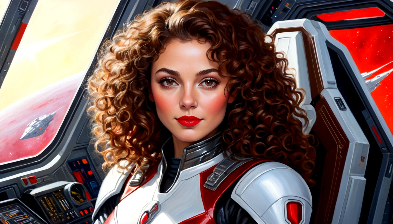 High-quality acrylic painting, VIVID COLORS, lateral point a view, a beautiful woman with brown curly hair, looking at the viewer with suspicious face and a shy smile, red lips, she wears white metallic ultra-glossy armor, hands in the waist, in a command chair in the cockpit of a spaceship