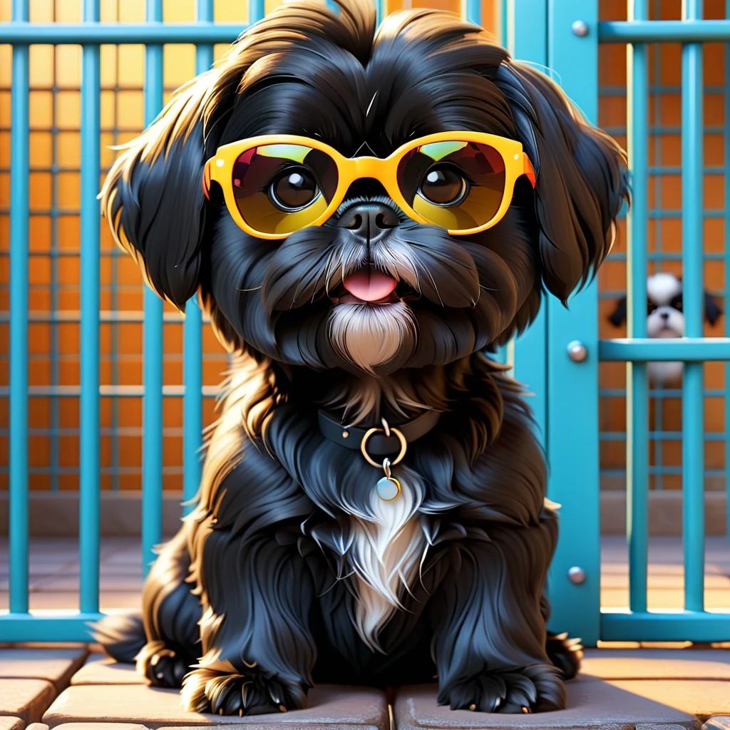 2 Adorable small black Shih Tzu puppies wearing bright sunglasses in jail Disney background 3d cartoon 3d render disney pixar style