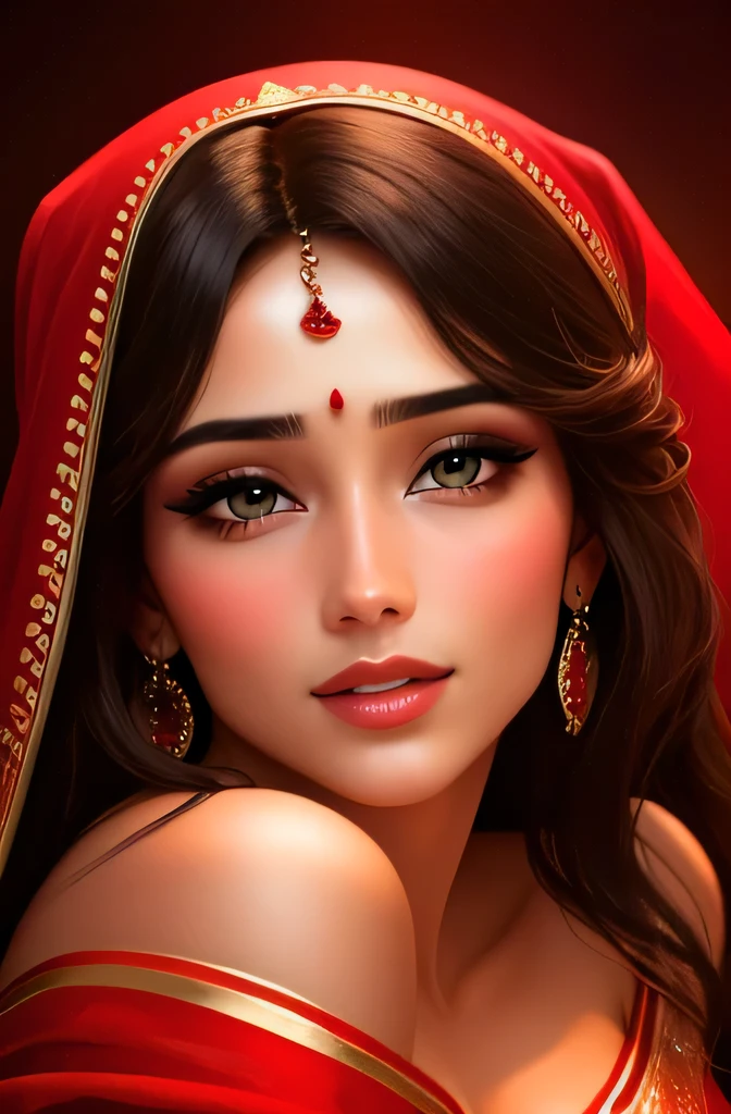 Amazing portrait of a sexy woman with a beautiful face dazzling in a stunning red saree