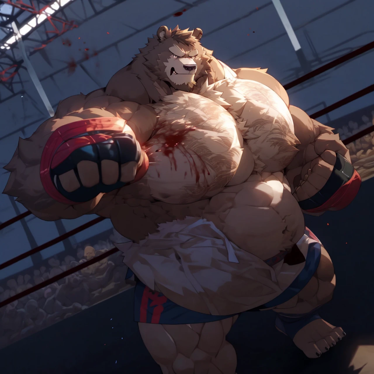 1boy, solo, muscular old man (furry grizzly bear) (bleeding, blood on body), ((fighting arena)), huge muscular, short hair, wearing kickboxing martial arts shorts, (cinematic light vfx background), dark background