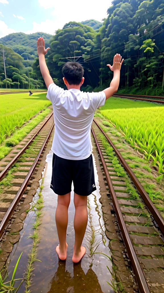 A boy age 30 with normal height and fit Thanking god pose in the paddy field behind the railway track neel down and praising god in back pose