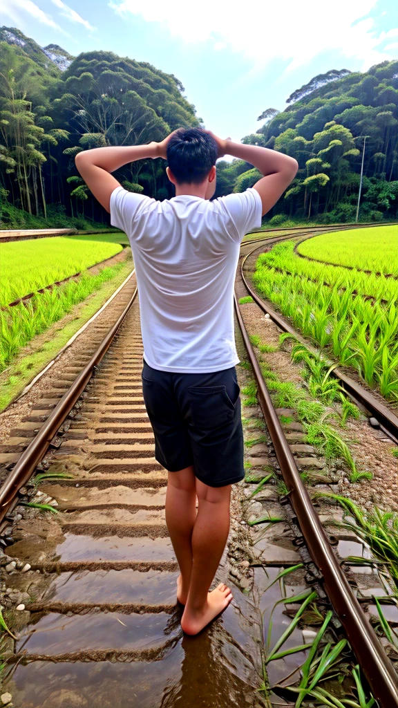 A boy age 30 with normal height and fit Thanking god pose in the paddy field behind the railway track neel down and praising god in back pose