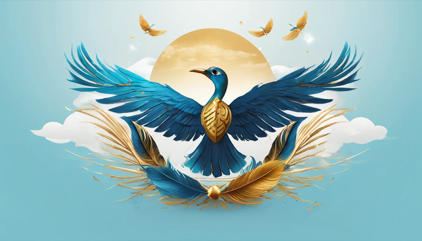 Create a professional, fantastic, cinematic Youtube Banner for a brand about music and stories called " Penamemoria". Masterpiece, 4k, sharp focus, highest quality,wide shot. The Background image is a world full of fantastic feathers, unique birds, light blue sky, soft white and touches of golden. Logo design of a modern, minimalistic, high-quality, logo of a boy-feather