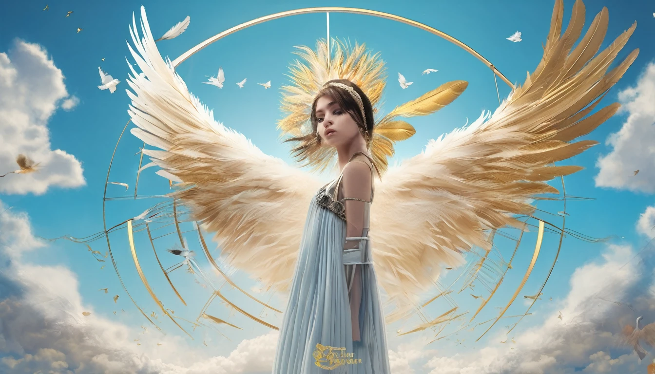 Create a professional, fantastic, cinematic Youtube Banner for a brand about music and stories called " Penamemoria". Masterpiece, 4k, sharp focus, highest quality,wide shot. The Background image is a world full of fantastic feathers, unique birds, light blue sky, soft white and touches of golden. Logo design of a modern, minimalistic, high-quality, logo of a boy-feather