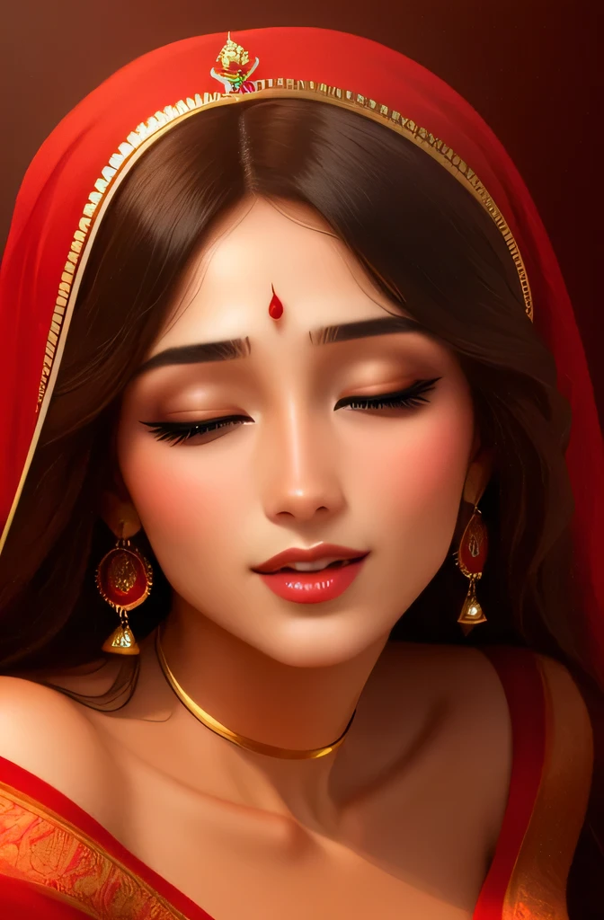 Amazing portrait of a sexy woman with a beautiful face dazzling in a stunning red saree