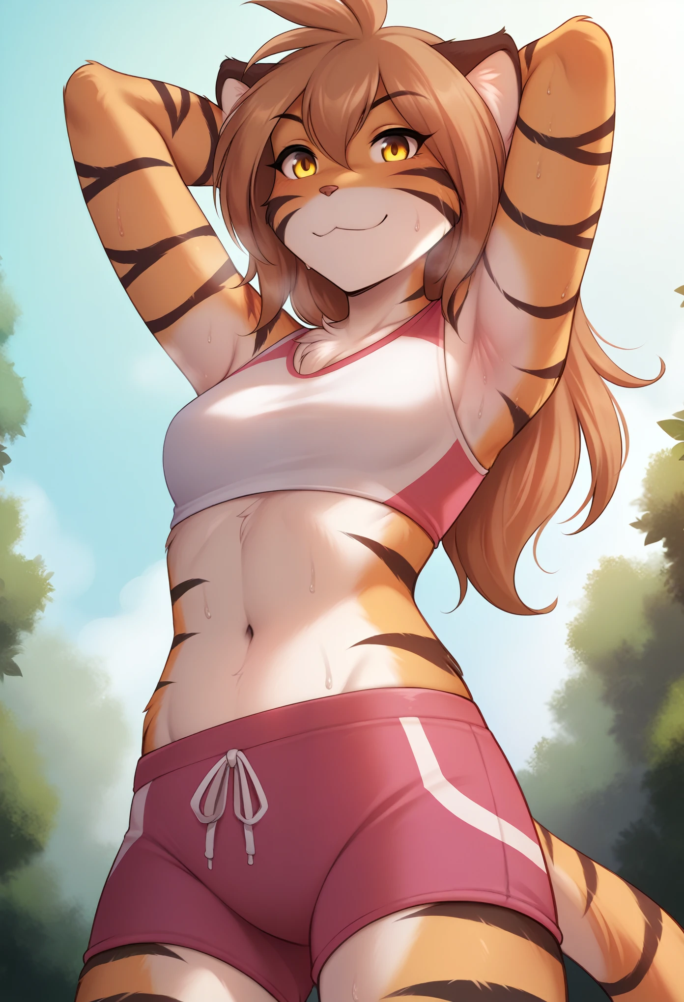 score_9, score_8_up, score_7_up, score_6_up, score_5_up, score_4_up, rating_safe, source_furry, a female anthro fluffy, 1girl, solo, female, furry, anthro, fluffy tail, small breasts, tiger, striped fur, yellow eyes, anthro, confused smile, light (blush:1.05), (sweat, sweaty, steam:1.2), (bottom view:1.1), park background, flora-twokinds, standing, looking at viewer, (shy:1.2),  hands behind head, personalamistyle, (sport  outfit:1.15), (after workout:1.2), sport water bottle