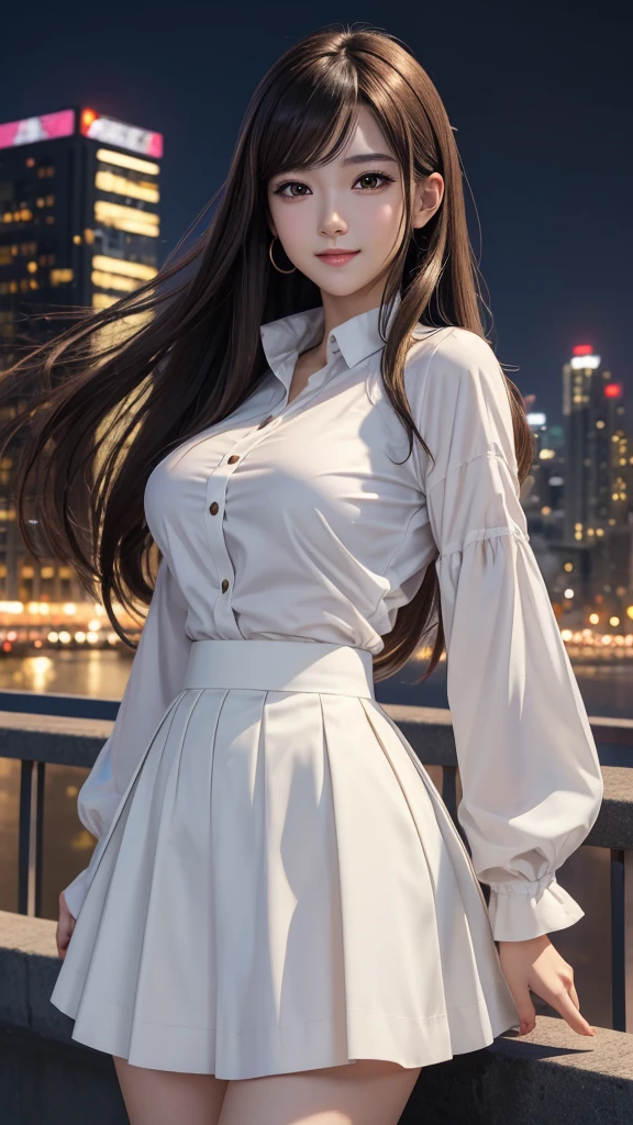 Anime, masterpiece, best quality, extremely detailed, hyperrealistic, photorealistic, Anime young 1 girl 18 years, white blouse, black skirt, perfect very beautiful body, long brown hairs, big perky breasts, realistic skin, ultra detailed face:1.1, modern city, night, megapolis, seductive smile