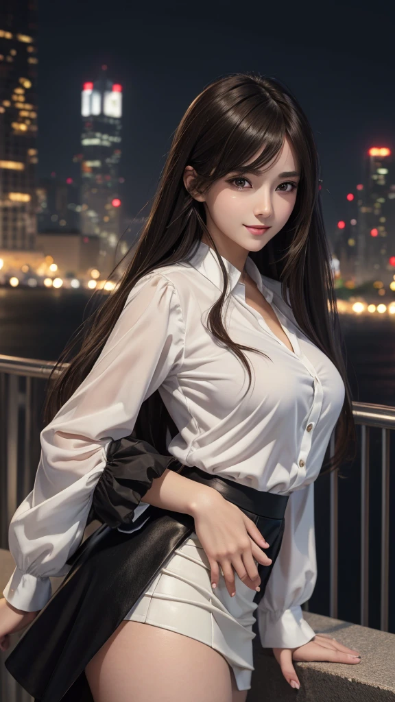 Anime, masterpiece, best quality, extremely detailed, hyperrealistic, photorealistic, Anime young 1 girl 18 years, white blouse, black skirt, perfect very beautiful body, long brown hairs, big perky breasts, realistic skin, ultra detailed face:1.1, modern city, night, megapolis, seductive smile