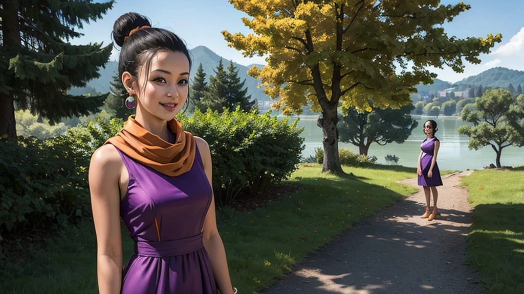 photo of beleza de chichi, hair with bun, purple dress, aretes, orange scarf, gazing at viewer, smiling outside, standing, Park, big hills, trees, hdr, extreme detail, Depth of field,
