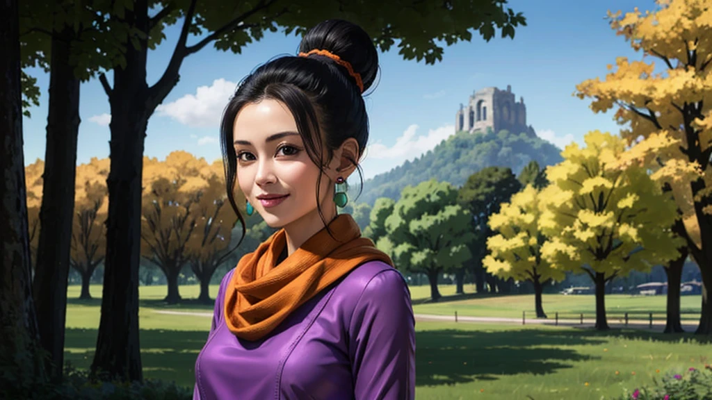 photo of beleza de chichi, hair with bun, purple dress, aretes, orange scarf, gazing at viewer, smiling outside, standing, Park, big hills, trees, hdr, extreme detail, Depth of field,
