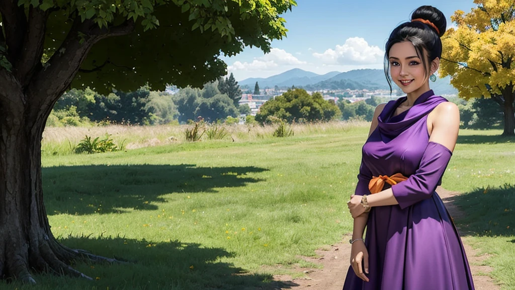 photo of beleza de chichi, hair with bun, purple dress, aretes, orange scarf, gazing at viewer, smiling outside, standing, Park, big hills, trees, hdr, extreme detail, Depth of field,