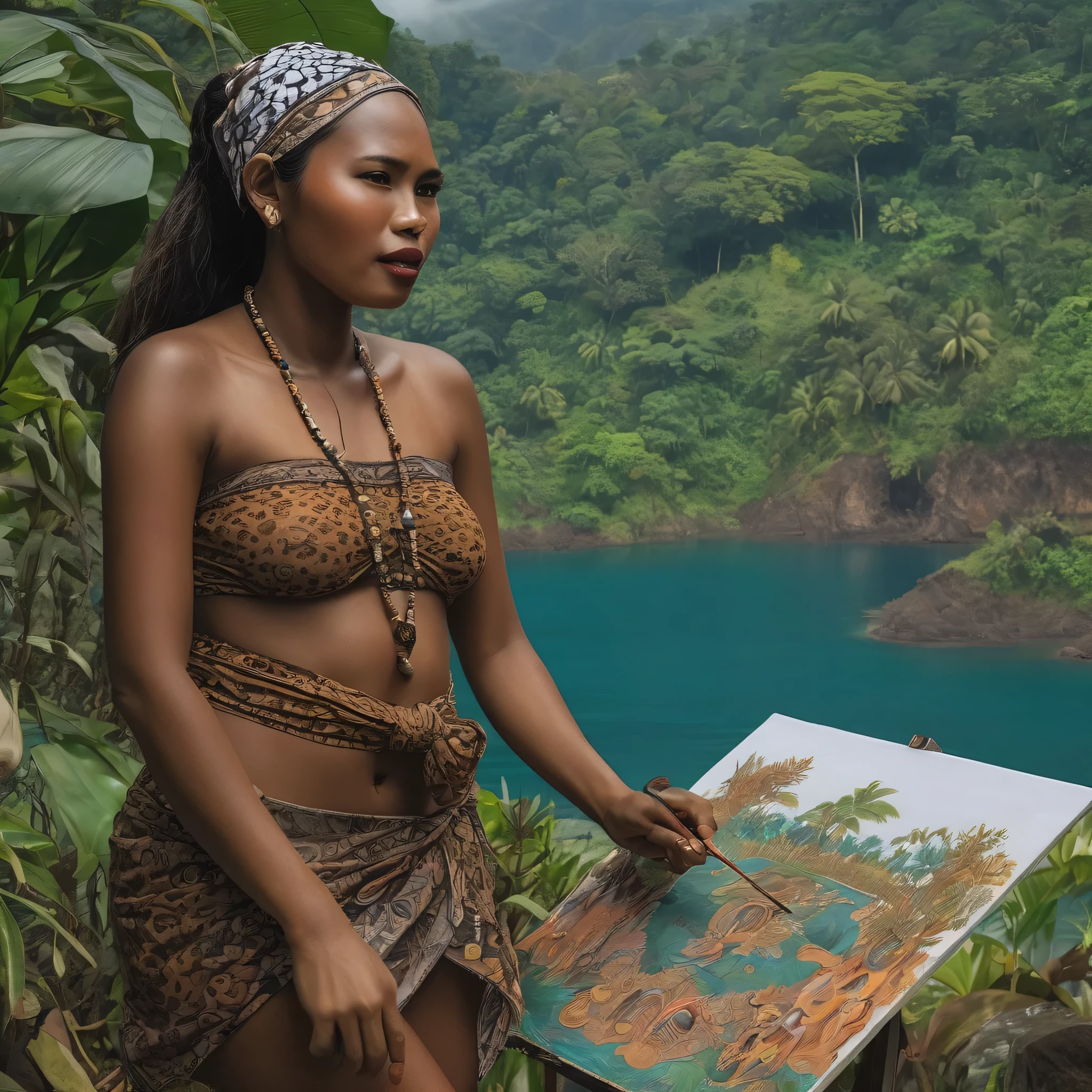 A beautiful girl, with dark skin, wearing traditional Lio clothes, a brown sarong with a pattern of horses, monitor lizards, snakes, kelimutu, was painting on canvas, she painted the sentence: Strait comes to Kelimut Lake.